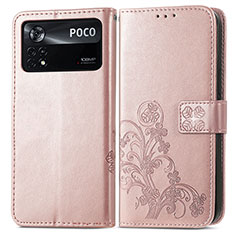 Funda de Cuero Cartera con Soporte Flores Carcasa para Xiaomi Poco X4 Pro 5G Rosa