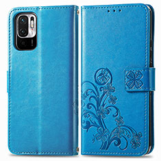 Funda de Cuero Cartera con Soporte Flores Carcasa para Xiaomi Redmi Note 10T 5G Azul