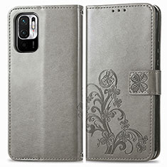 Funda de Cuero Cartera con Soporte Flores Carcasa para Xiaomi Redmi Note 10T 5G Gris