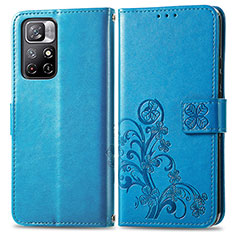 Funda de Cuero Cartera con Soporte Flores Carcasa para Xiaomi Redmi Note 11 5G Azul