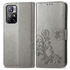 Funda de Cuero Cartera con Soporte Flores Carcasa para Xiaomi Redmi Note 11S 5G Gris