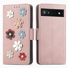 Funda de Cuero Cartera con Soporte Flores Carcasa S02D para Google Pixel 6a 5G Oro Rosa