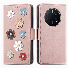 Funda de Cuero Cartera con Soporte Flores Carcasa S02D para Huawei Mate 50 Pro Oro Rosa