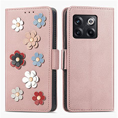 Funda de Cuero Cartera con Soporte Flores Carcasa S02D para OnePlus 10T 5G Oro Rosa