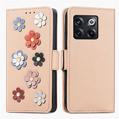 Funda de Cuero Cartera con Soporte Flores Carcasa S02D para OnePlus Ace Pro 5G Caqui