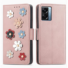 Funda de Cuero Cartera con Soporte Flores Carcasa S02D para Oppo A56S 5G Oro Rosa