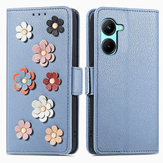 Funda de Cuero Cartera con Soporte Flores Carcasa S02D para Realme C33 (2023) Azul