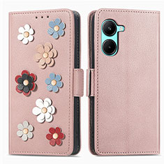 Funda de Cuero Cartera con Soporte Flores Carcasa S02D para Realme C33 (2023) Oro Rosa