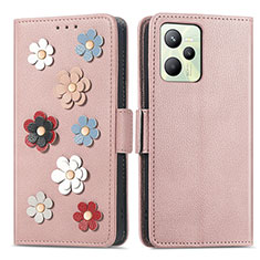 Funda de Cuero Cartera con Soporte Flores Carcasa S02D para Realme C35 Oro Rosa