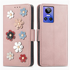 Funda de Cuero Cartera con Soporte Flores Carcasa S02D para Realme GT Neo3 5G Oro Rosa