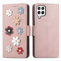 Funda de Cuero Cartera con Soporte Flores Carcasa S02D para Samsung Galaxy A22 4G Oro Rosa