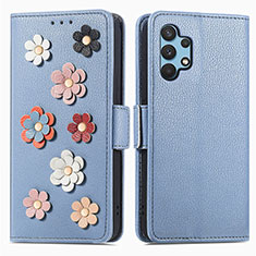 Funda de Cuero Cartera con Soporte Flores Carcasa S02D para Samsung Galaxy A32 4G Azul