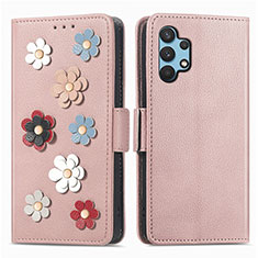 Funda de Cuero Cartera con Soporte Flores Carcasa S02D para Samsung Galaxy A32 4G Oro Rosa