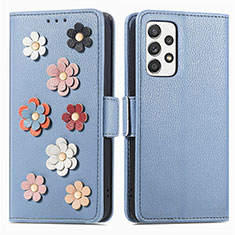 Funda de Cuero Cartera con Soporte Flores Carcasa S02D para Samsung Galaxy A52 5G Azul