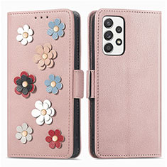 Funda de Cuero Cartera con Soporte Flores Carcasa S02D para Samsung Galaxy A52 5G Oro Rosa