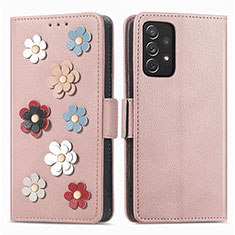 Funda de Cuero Cartera con Soporte Flores Carcasa S02D para Samsung Galaxy A72 4G Oro Rosa