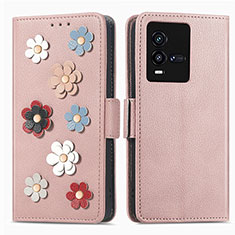 Funda de Cuero Cartera con Soporte Flores Carcasa S02D para Vivo iQOO 10 5G Oro Rosa