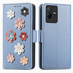 Funda de Cuero Cartera con Soporte Flores Carcasa S02D para Vivo T2x 5G Azul