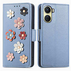 Funda de Cuero Cartera con Soporte Flores Carcasa S02D para Vivo Y02S Azul