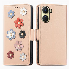 Funda de Cuero Cartera con Soporte Flores Carcasa S02D para Vivo Y16 Caqui