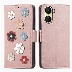 Funda de Cuero Cartera con Soporte Flores Carcasa S02D para Vivo Y16 Oro Rosa