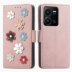 Funda de Cuero Cartera con Soporte Flores Carcasa S02D para Vivo Y35 4G Oro Rosa