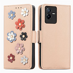 Funda de Cuero Cartera con Soporte Flores Carcasa S02D para Vivo Y73t Caqui