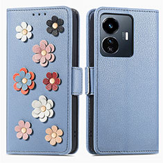 Funda de Cuero Cartera con Soporte Flores Carcasa S02D para Vivo Y77 5G Azul