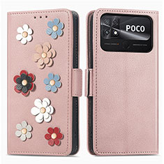 Funda de Cuero Cartera con Soporte Flores Carcasa S02D para Xiaomi Poco C40 Oro Rosa