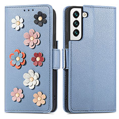 Funda de Cuero Cartera con Soporte Flores Carcasa S04D para Samsung Galaxy S21 5G Azul