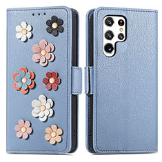 Funda de Cuero Cartera con Soporte Flores Carcasa S04D para Samsung Galaxy S22 Ultra 5G Azul