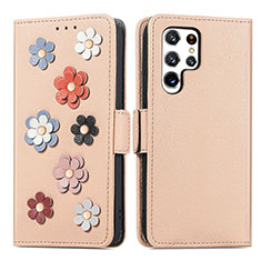 Funda de Cuero Cartera con Soporte Flores Carcasa S04D para Samsung Galaxy S22 Ultra 5G Oro