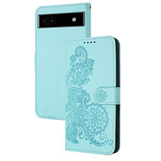 Funda de Cuero Cartera con Soporte Flores Carcasa Y01X para Google Pixel 6a 5G Azul Claro