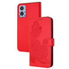 Funda de Cuero Cartera con Soporte Flores Carcasa Y01X para Motorola Moto E22i Rojo