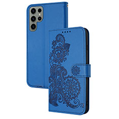 Funda de Cuero Cartera con Soporte Flores Carcasa Y01X para Samsung Galaxy S24 Ultra 5G Azul