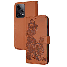 Funda de Cuero Cartera con Soporte Flores Carcasa Y01X para Xiaomi Redmi Note 12 Explorer Marron