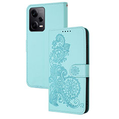 Funda de Cuero Cartera con Soporte Flores Carcasa Y01X para Xiaomi Redmi Note 12 Pro+ Plus 5G Azul Claro