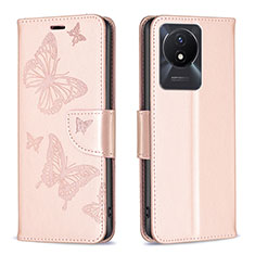 Funda de Cuero Cartera con Soporte Mariposa Carcasa B01F para Vivo Y02 Oro Rosa