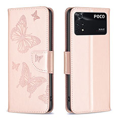 Funda de Cuero Cartera con Soporte Mariposa Carcasa B01F para Xiaomi Poco M4 Pro 4G Oro Rosa