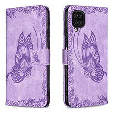 Funda de Cuero Cartera con Soporte Mariposa Carcasa B02F para Samsung Galaxy A12 Purpura Claro