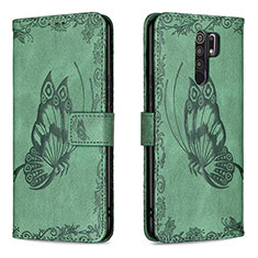 Funda de Cuero Cartera con Soporte Mariposa Carcasa B02F para Xiaomi Redmi 9 Prime India Verde