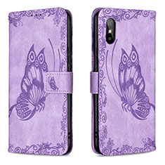 Funda de Cuero Cartera con Soporte Mariposa Carcasa B02F para Xiaomi Redmi 9A Purpura Claro