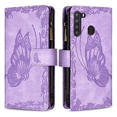 Funda de Cuero Cartera con Soporte Mariposa Carcasa B03F para Samsung Galaxy A21 Purpura Claro