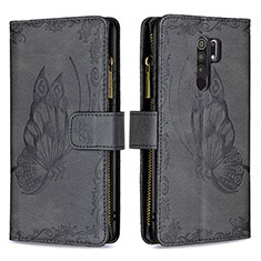 Funda de Cuero Cartera con Soporte Mariposa Carcasa B03F para Xiaomi Redmi 9 Negro