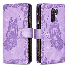 Funda de Cuero Cartera con Soporte Mariposa Carcasa B03F para Xiaomi Redmi 9 Purpura Claro