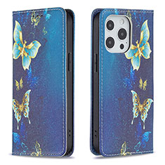 Funda de Cuero Cartera con Soporte Mariposa Carcasa L01 para Apple iPhone 15 Pro Azul