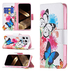 Funda de Cuero Cartera con Soporte Mariposa Carcasa L03 para Apple iPhone 15 Pro Max Rosa