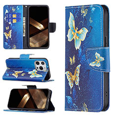 Funda de Cuero Cartera con Soporte Mariposa Carcasa L07 para Apple iPhone 15 Pro Azul