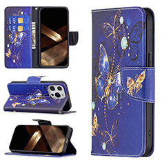 Funda de Cuero Cartera con Soporte Mariposa Carcasa L07 para Apple iPhone 16 Pro Azul Real