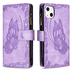 Funda de Cuero Cartera con Soporte Mariposa Carcasa L08 para Apple iPhone 13 Mini Morado